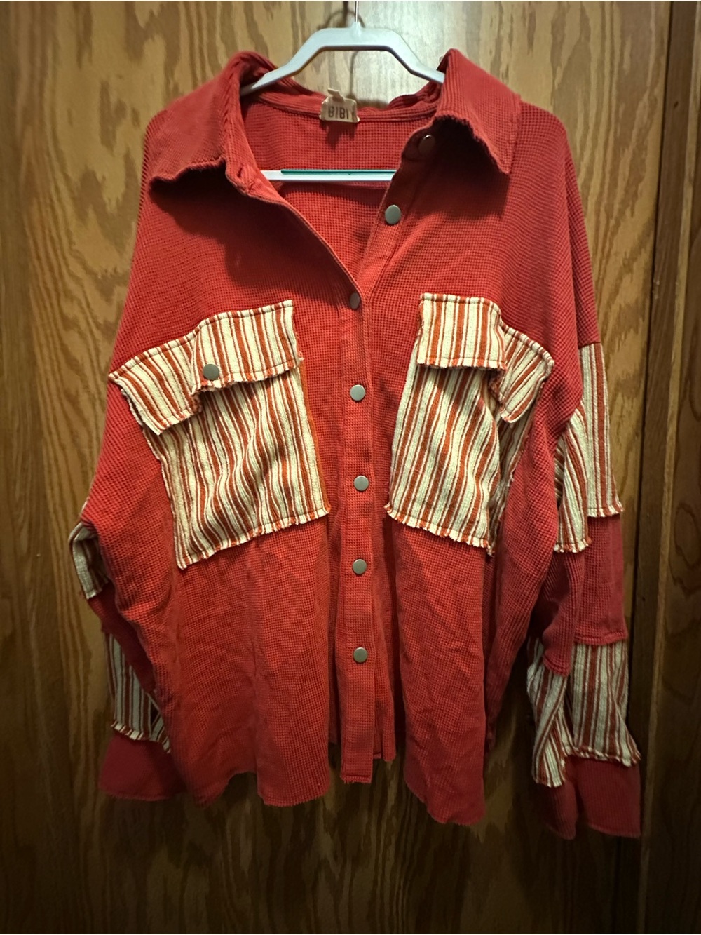 BiBi Red Waffle-Knit Button Shirt with Striped Pockets